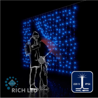 Светодиодный занавес Rich LED 2*1.5 м, облегченный, с мерцанием, синий, прозрачный провод, арт. RL-CS2*1.5F-T/B