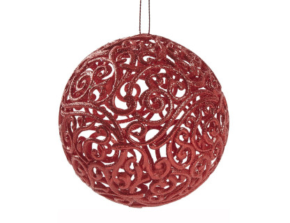 Пластиковый шар Ажурный Снежные искорки 80 мм., глитер, красный, Морозко, арт. MM080-красный