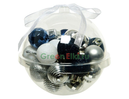 Набор пластиковых шаров Россыпь радости в шаре белый, синий бархат и серебряный, 30 мм, 30 шт., mix, Kaemingk арт. 029223