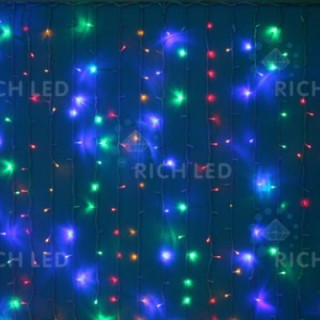 Светодиодный занавес Rich LED 2*1.5 м, облегченный, мульти, полностью мерцающий, прозрачный провод, арт. RL-CS2*1.5FF-T/M