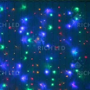 Светодиодный занавес Rich LED 2*1.5 м, облегченный, мульти, полностью мерцающий, прозрачный провод, арт. RL-CS2*1.5FF-T/M