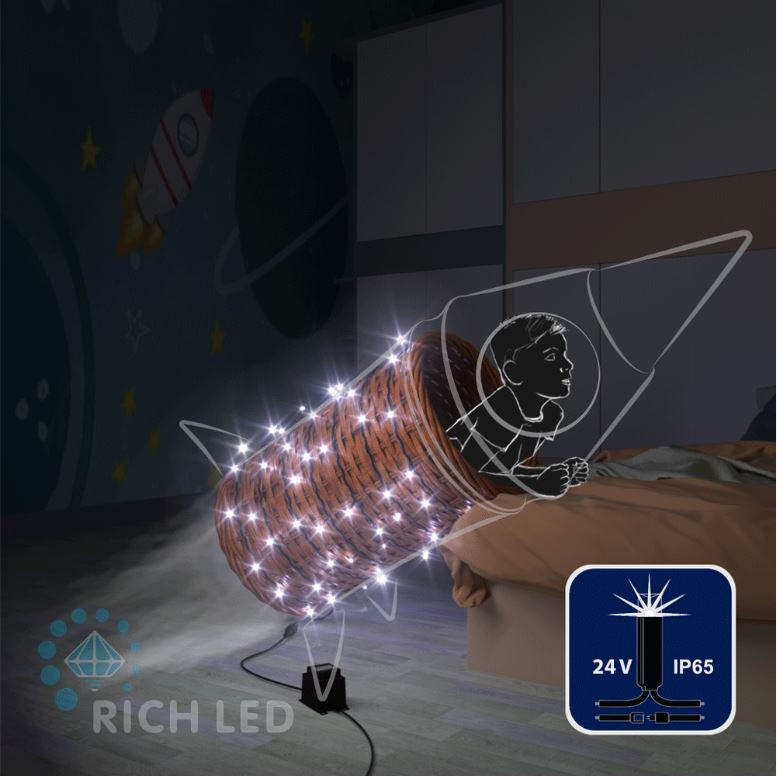 Светодиодная гирлянда Rich LED 10 м, 100 LED, 24В, соединяемая, влагозащитный колпачек, белая, мерцающая, черный провод, арт. RL-S10CF-24V-CB/W