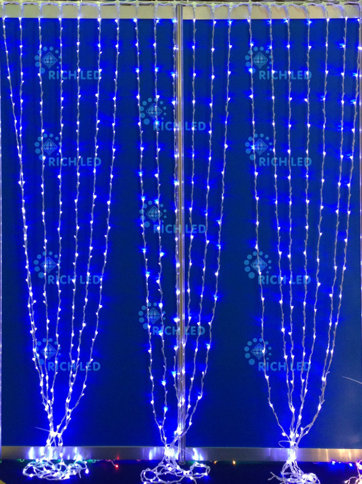 Светодиодный занавес водопад Rich LED 2*3 м, синий, 585 LED, 220 В, прозрачный провод, арт. RL-WF2*3C3/2-585-T/B