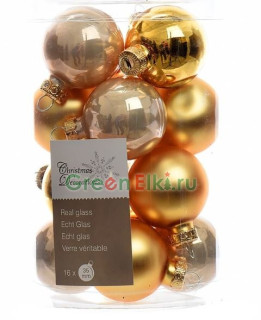 Набор стеклянных шаров 35 мм. Золотистая Вуаль, глянцевые, матовые и эмаль, 16 шт., Kaemingk, арт. 158570