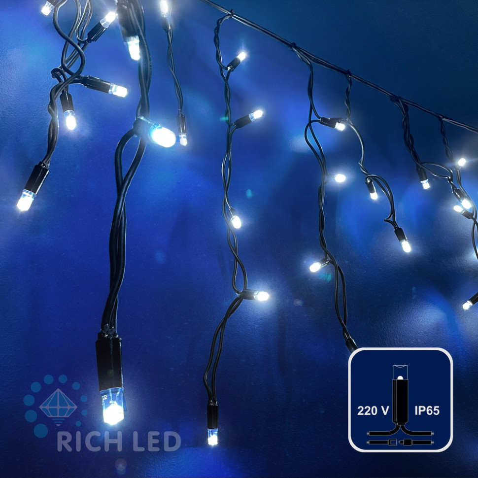 Светодиодная бахрома Rich LED, 3*0.5 м, белая, черный резиновый провод, арт. RL-i3*0.5-RB/W