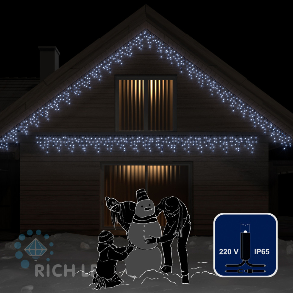 Светодиодная бахрома Rich LED, 3*0.5 м, влагозащитный колпачок IP65, белая, черный провод, арт. RL-i3*0.5-CB/W