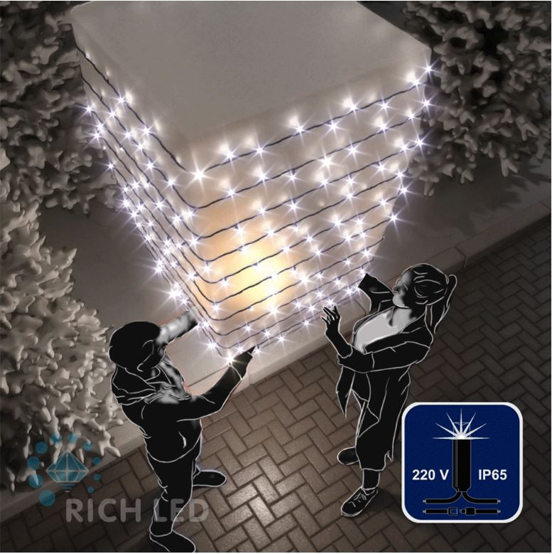 Светодиодная гирлянда Rich LED 10 м, 100 LED, 220 В, соединяемая, влагозащитный колпачок, белая, мерцающая, черный провод, арт. RL-S10CF-220V-CB/W