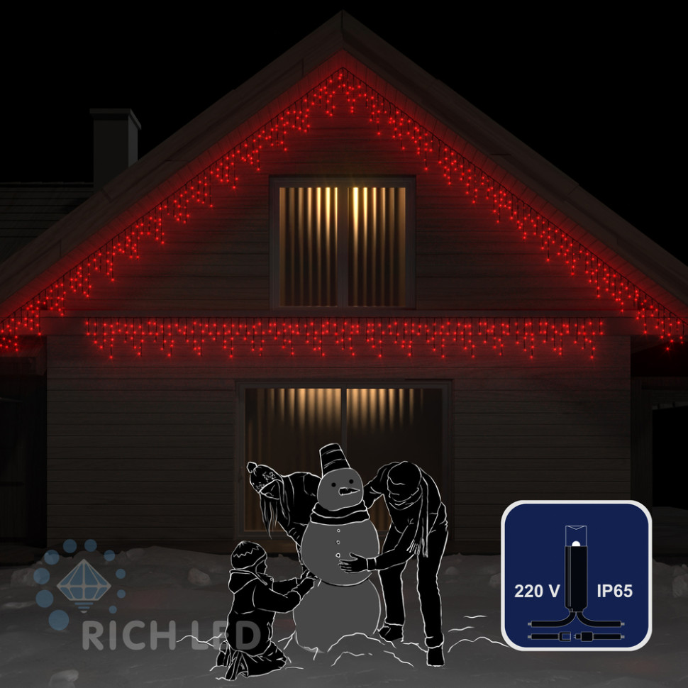 Светодиодная бахрома Rich LED, 3*0.5 м, влагозащитный колпачок IP65, красная, черный провод, арт. RL-i3*0.5-CB/R