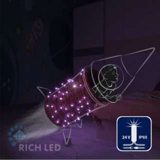 Светодиодная гирлянда Rich LED 10 м, 100 LED, 24В, соединяемая, влагозащитный колпачек, фиолетовая, мерцающая, прозрачный провод, арт. RL-S10CF-24V-CT/V