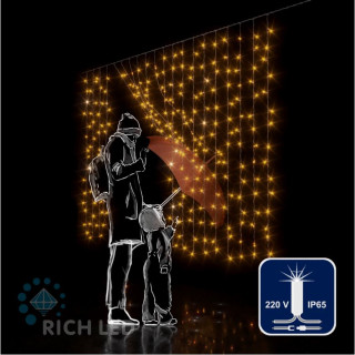 Светодиодный занавес Rich LED 2*1.5 м, облегченный, влагозащитный колпачок, с мерцанием, желтый, прозрачный провод, арт. RL-CS2*1.5F-CT/Y