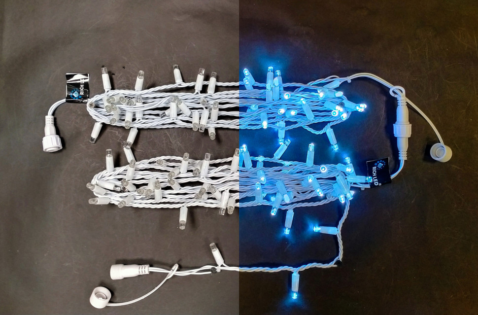 Светодиодная гирлянда Rich LED 10 м, 100 LED, 220 В, соединяемая, влагозащитный колпачок, двойная изоляция, белая, белый провод, арт. RL-S10C-220V-C2W/W