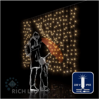 Светодиодный занавес Rich LED 2*1.5 м, облегченный, влагозащитный колпачок, с мерцанием, тепло-белый, прозрачный провод, арт. RL-CS2*1.5F-CT/WW