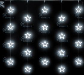 Светодиодный узорный занавес звезды Rich LED 2*2 м, белый, прозрачный провод, 20 звезд, соединяемый, 220 В, арт. RL-CMST2*2-T/W