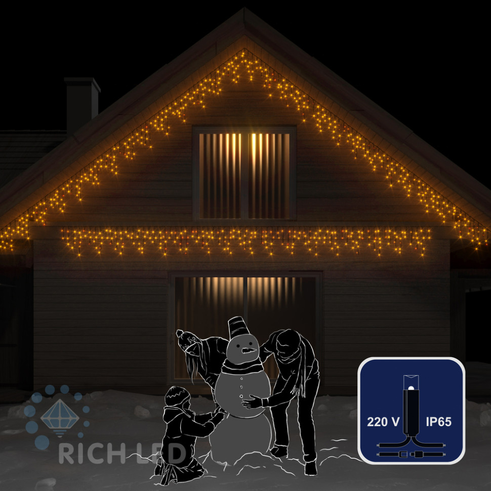 Светодиодная бахрома Rich LED, 3*0.5 м, влагозащитный колпачок IP65, мерцающая, желтая, черный провод, арт. RL-i3*0.5F-CB/Y