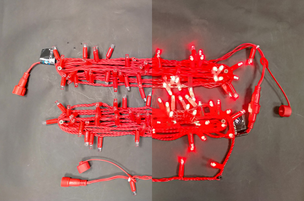 Светодиодная гирлянда Rich LED 10 м, 100 LED, 220 В, соединяемая, влагозащитный колпачок, двойная изоляция, красная, красный провод, арт. RL-S10C-220V-C2R/R