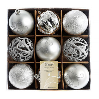 Набор пластиковых шаров Изящное ассорти 9 шт., 80 мм., серебро, KAEMINGK, арт. 157907
