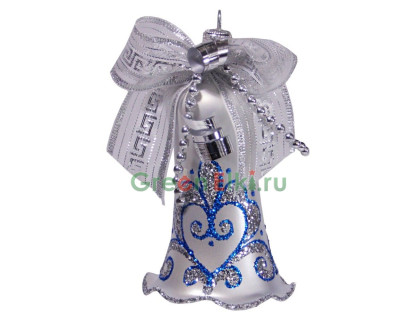 Елочное украшение Колокольчик Серебристый 8,5 см., синий орнамент, Елочка, арт.  С 1359-синий