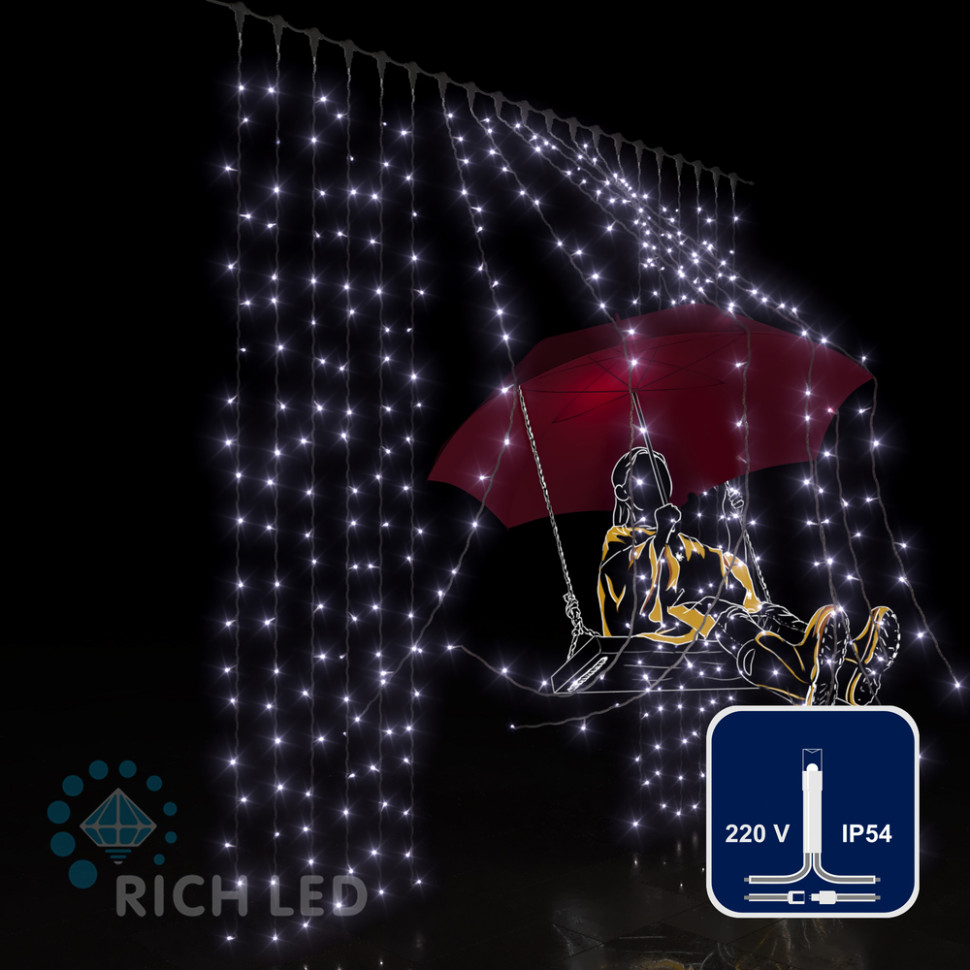 Светодиодный занавес Rich LED 2*2 м, белый, прозрачный провод, арт. RL-C2*2-T/W
