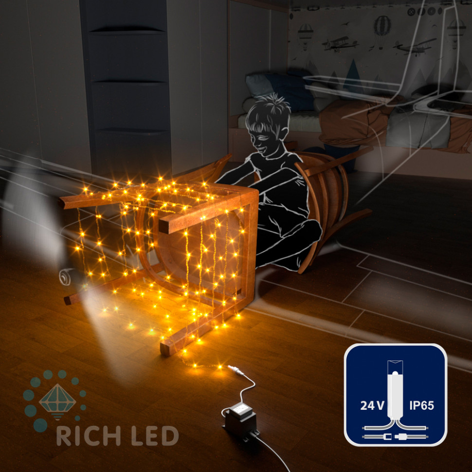 Светодиодная гирлянда Rich LED 10 м, 100 LED, 24В, соединяемая, влагозащитный колпачок, желтая, прозрачный провод, арт. RL-S10C-24V-CT/Y