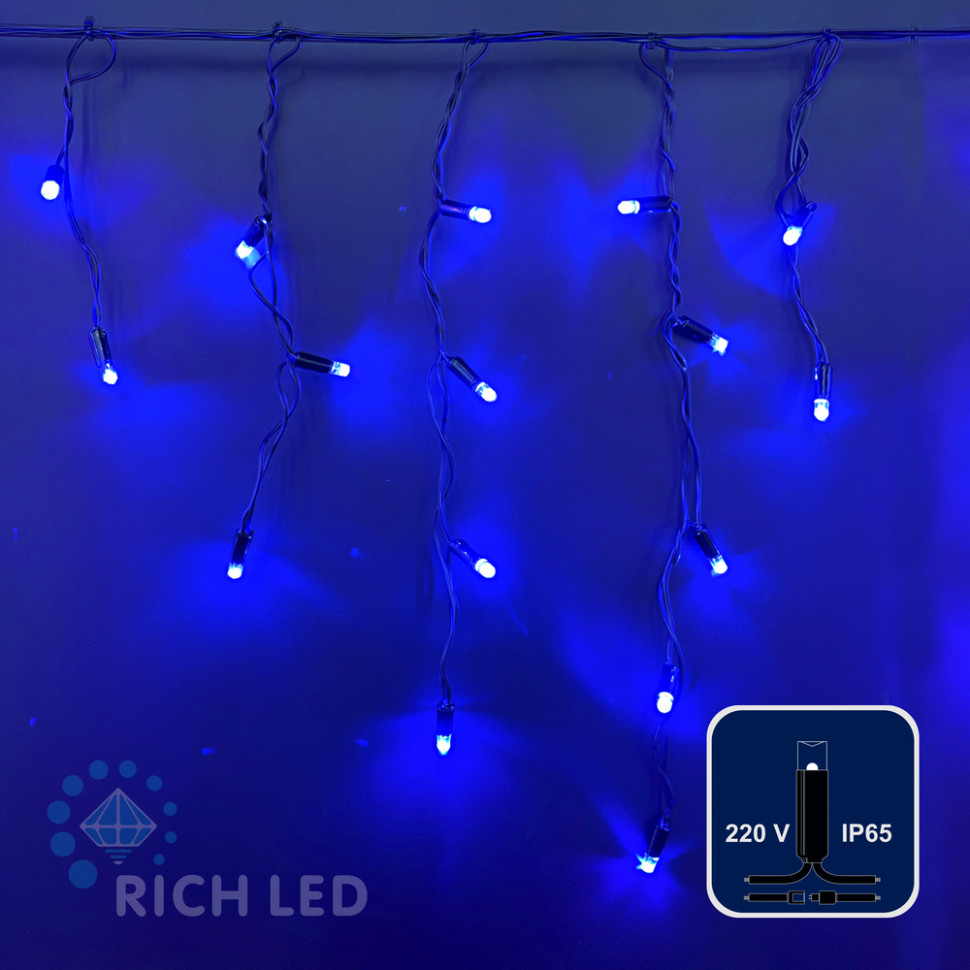 Светодиодная бахрома Rich LED, 3*0.5 м, влагозащитный колпачок IP65, синий, черный провод, арт. RL-i3*0.5-CB/B