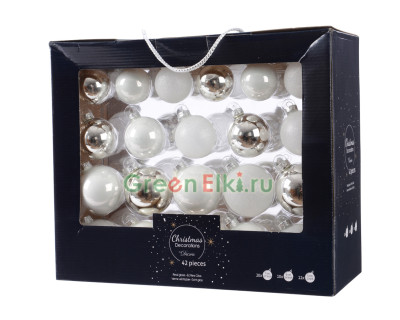 Набор стеклянных шаров Снежное Утро, mix, белый и серебро, 42 шт, Kaemingk арт. 149306