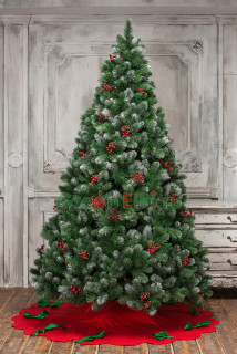 Искусственная сосна Очарование с шишками и красными ягодками заснеженная 210 см., арт. 141210