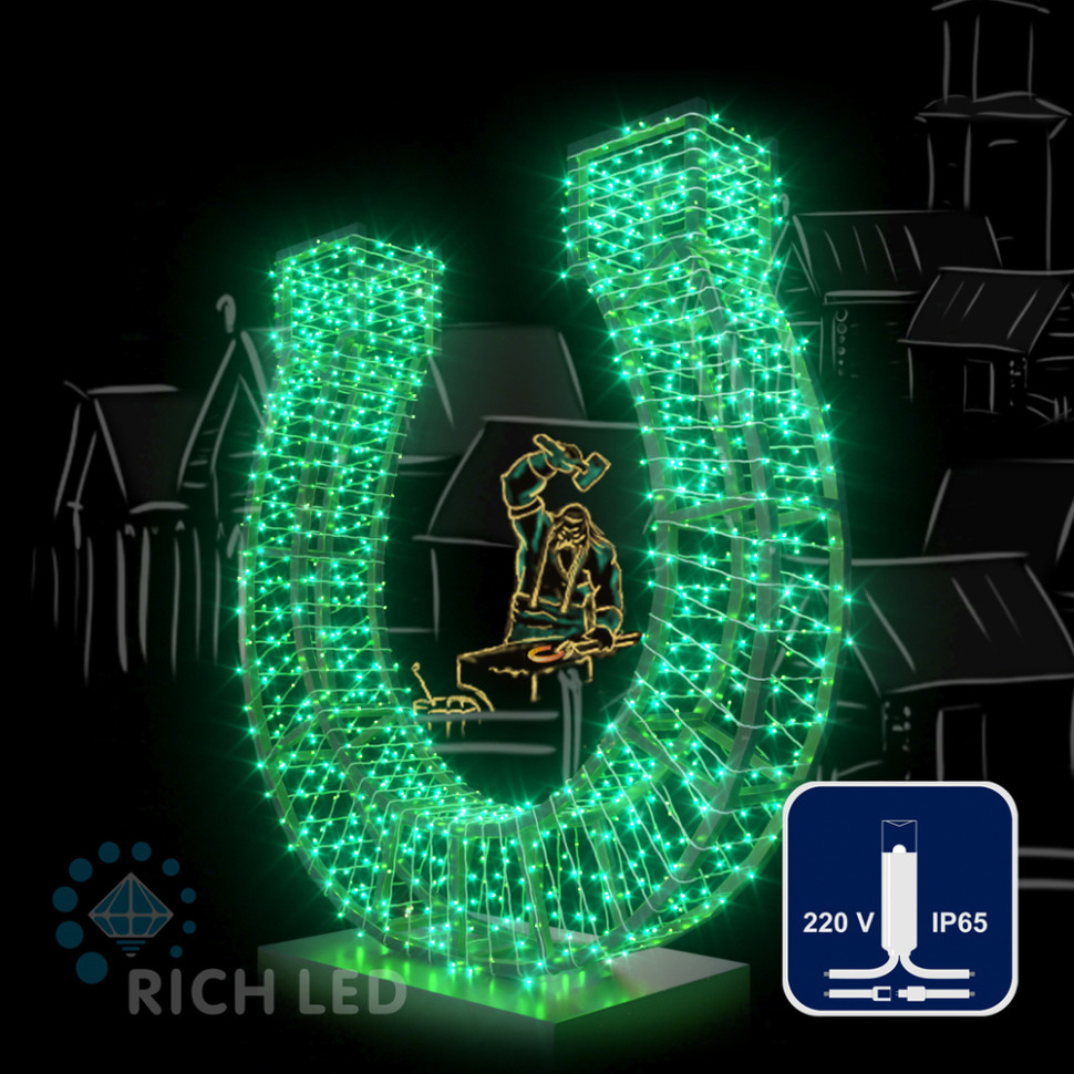 Светодиодная гирлянда Rich LED 10 м, 100 LED, 220 В, соединяемая, влагозащитный колпачок, зеленая, белый провод, арт. RL-S10C-220V-CW/G